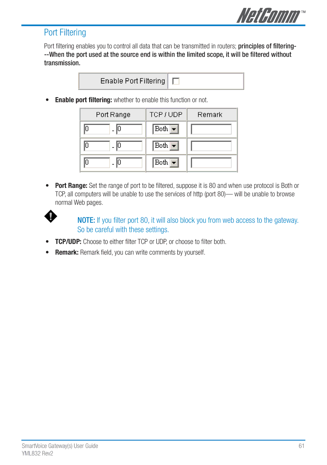 NetComm Gateway Series manual Port Filtering 