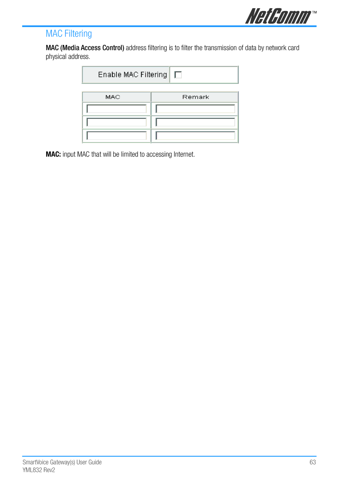 NetComm Gateway Series manual MAC Filtering 