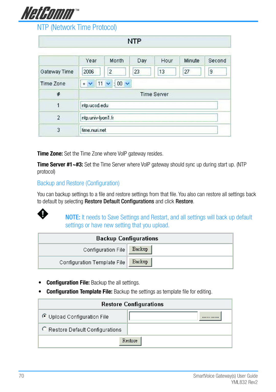 NetComm Gateway Series manual NTP Network Time Protocol, Backup and Restore Configuration 