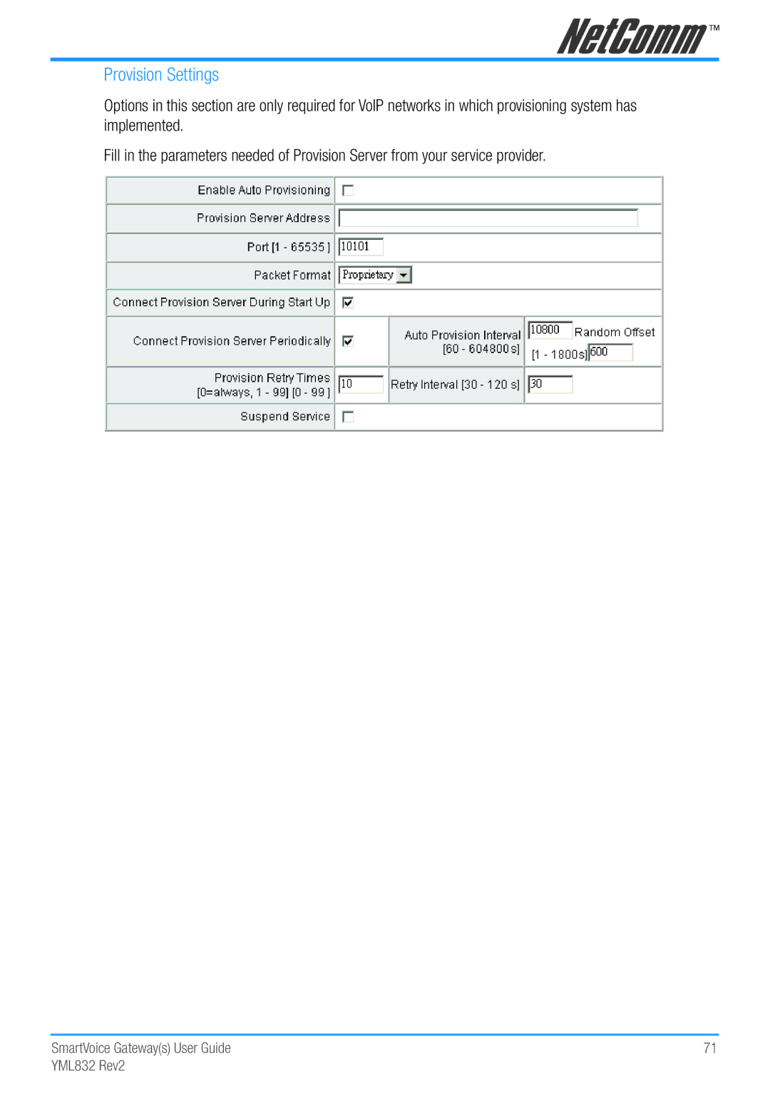 NetComm Gateway Series manual Provision Settings 