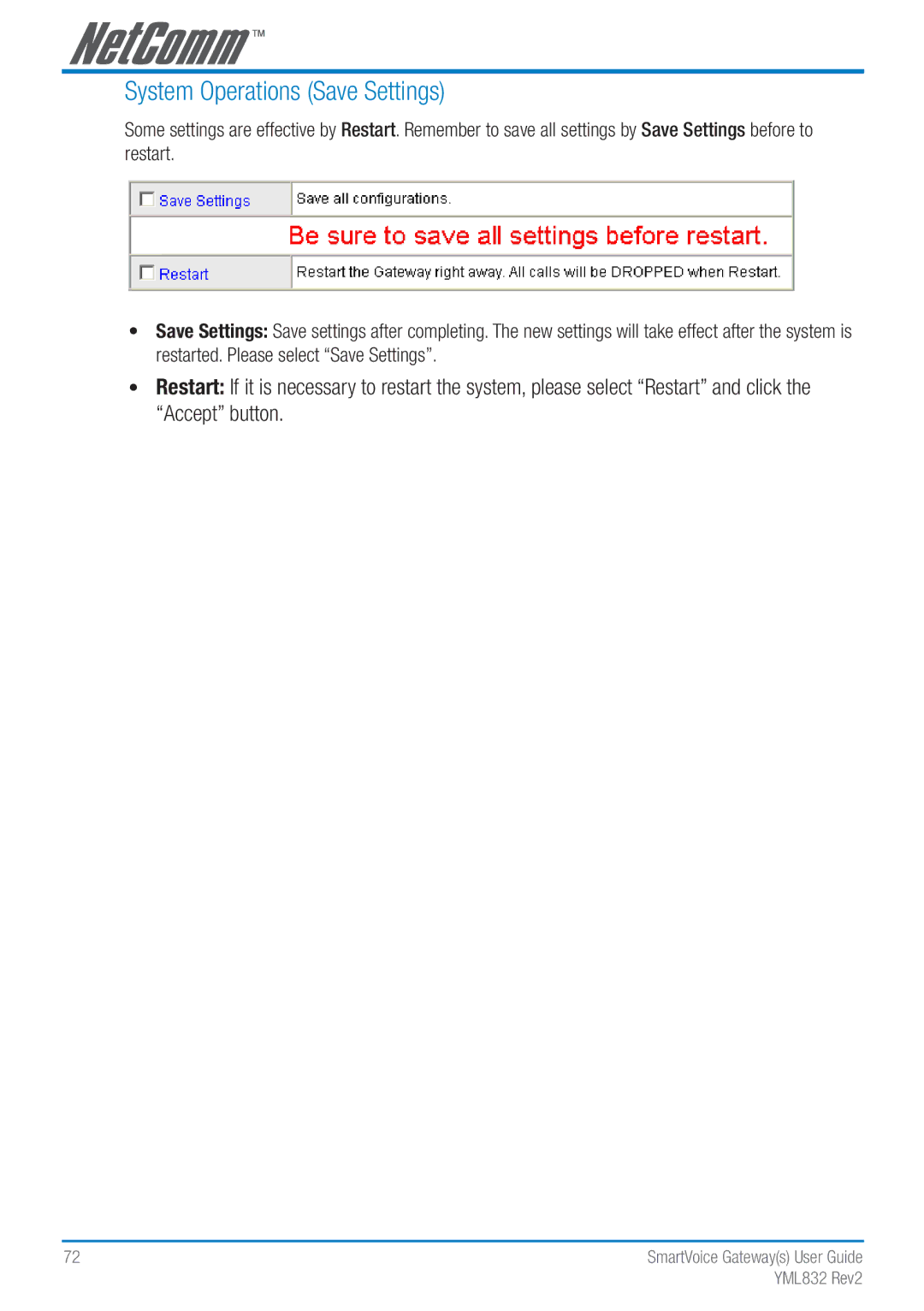 NetComm Gateway Series manual System Operations Save Settings 
