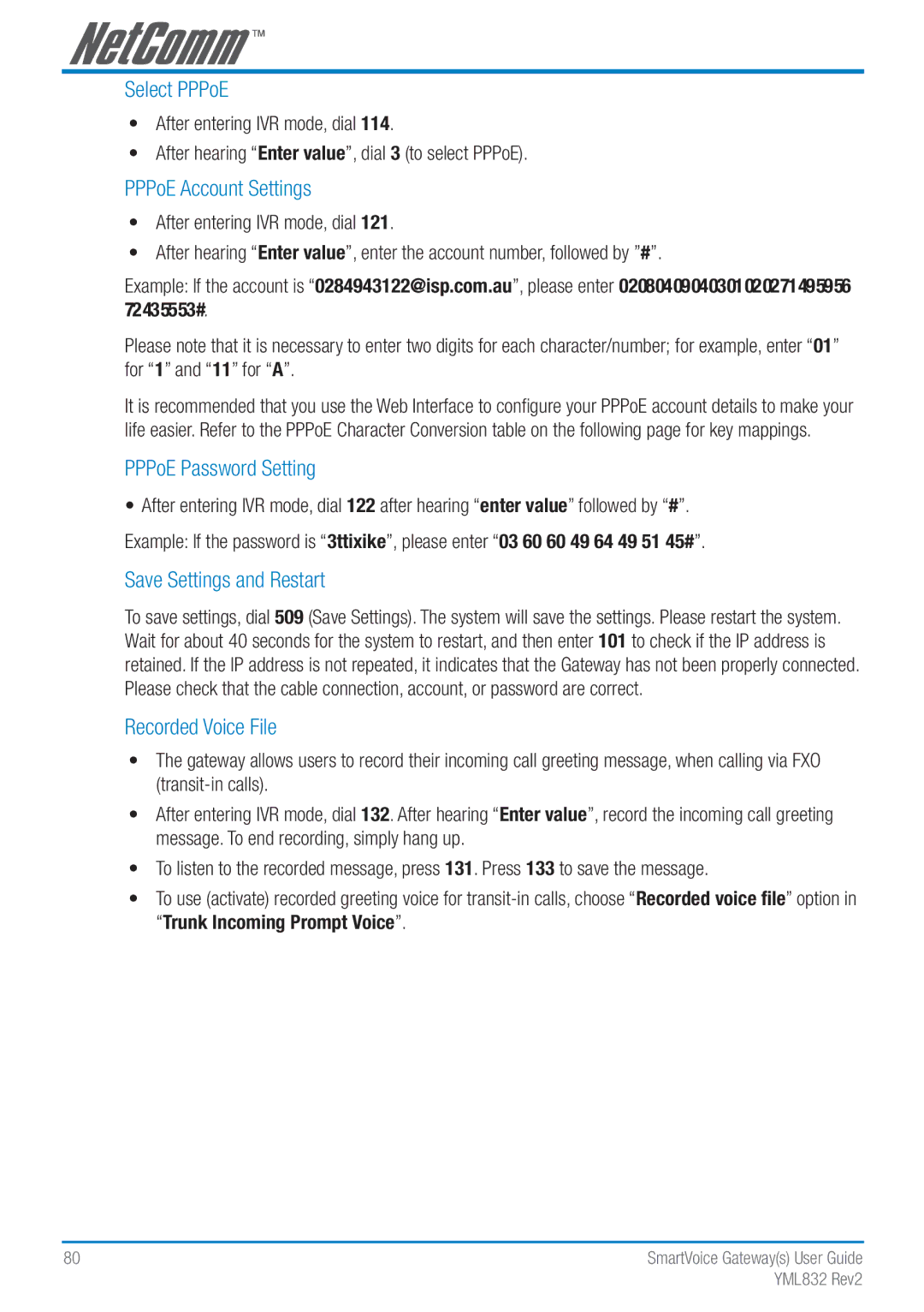 NetComm Gateway Series manual Select PPPoE, PPPoE Account Settings, PPPoE Password Setting, Save Settings and Restart 