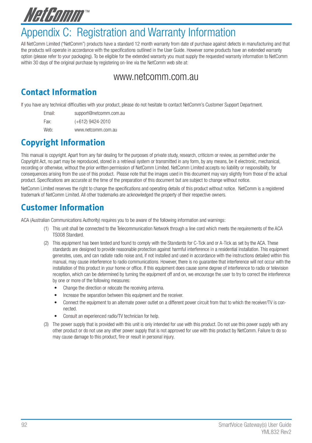 NetComm Gateway Series manual Appendix C Registration and Warranty Information, Contact Information 