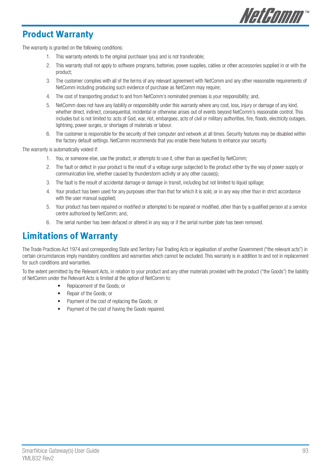 NetComm Gateway Series manual Product Warranty 