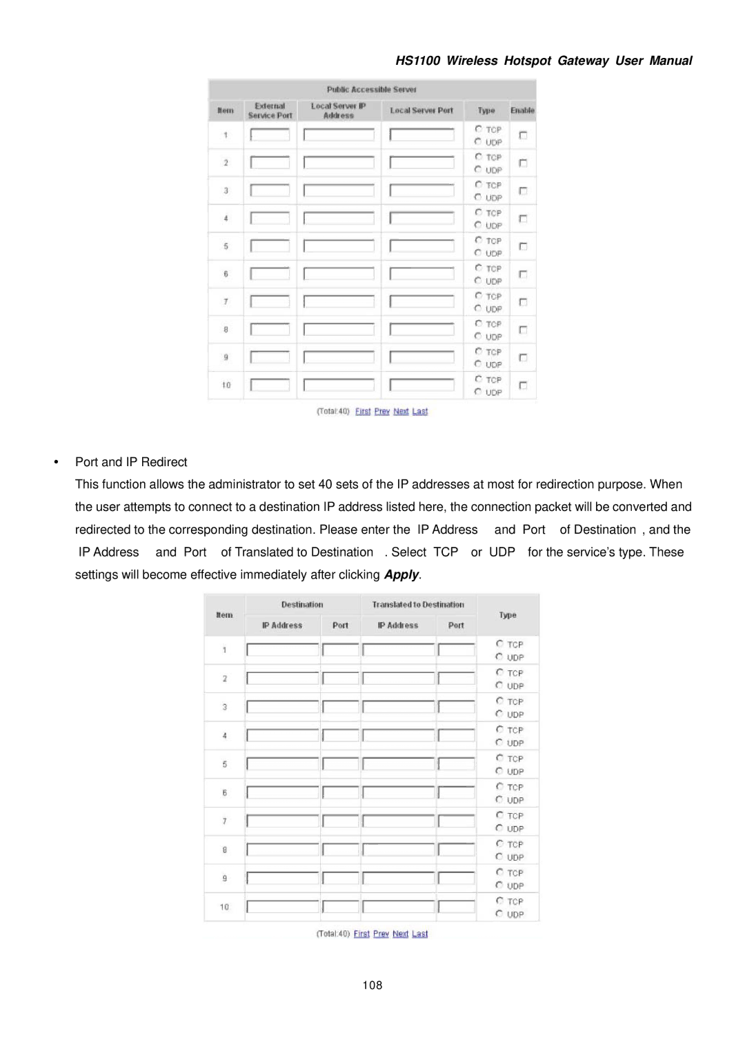 NetComm HS1100 manual Port and IP Redirect, 108 