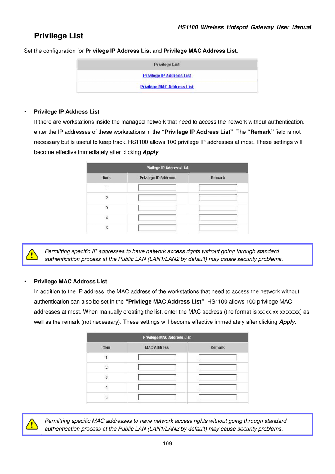 NetComm HS1100 manual Privilege List, Privilege MAC Address List, 109 