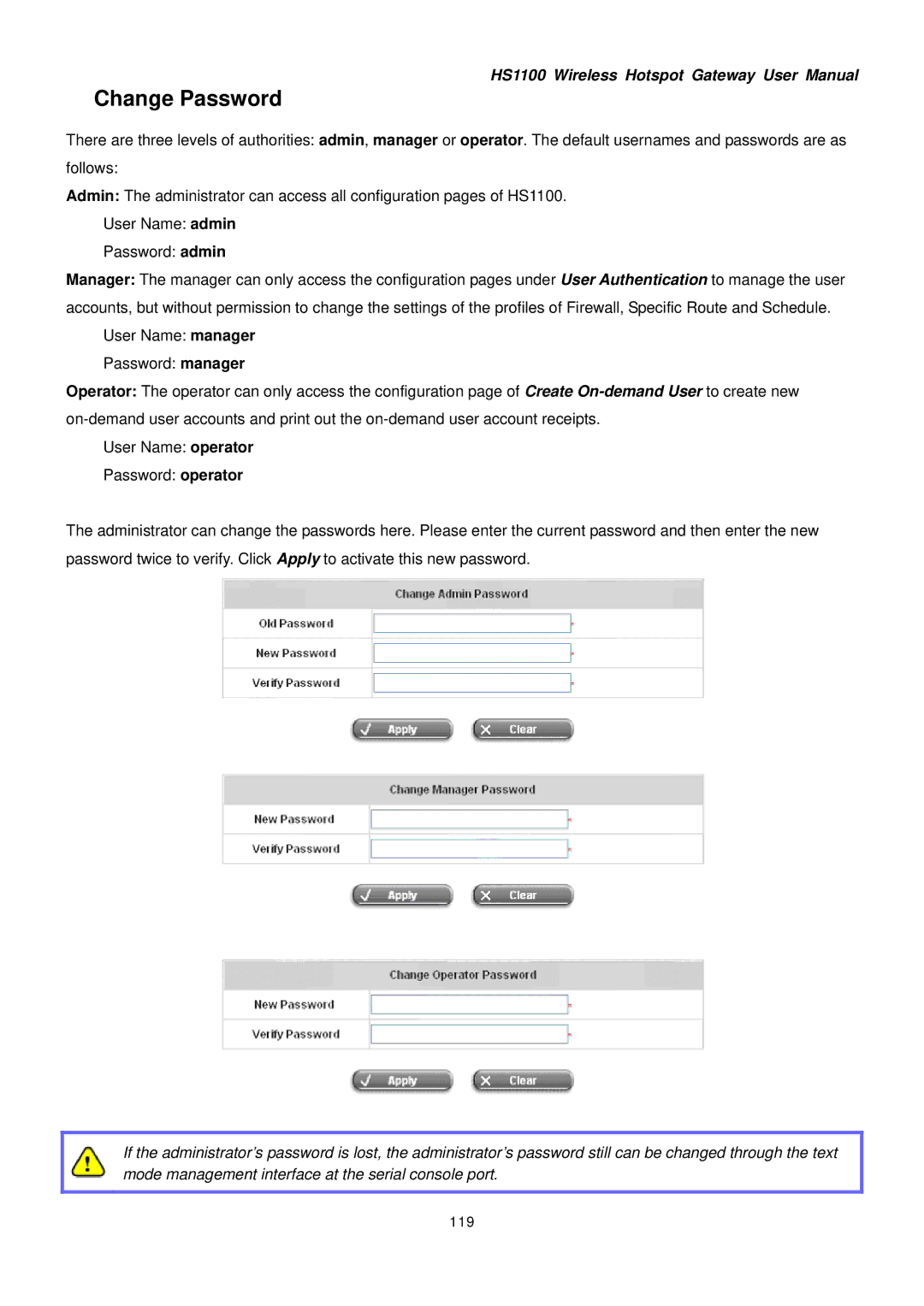 NetComm HS1100 manual Change Password, 119 