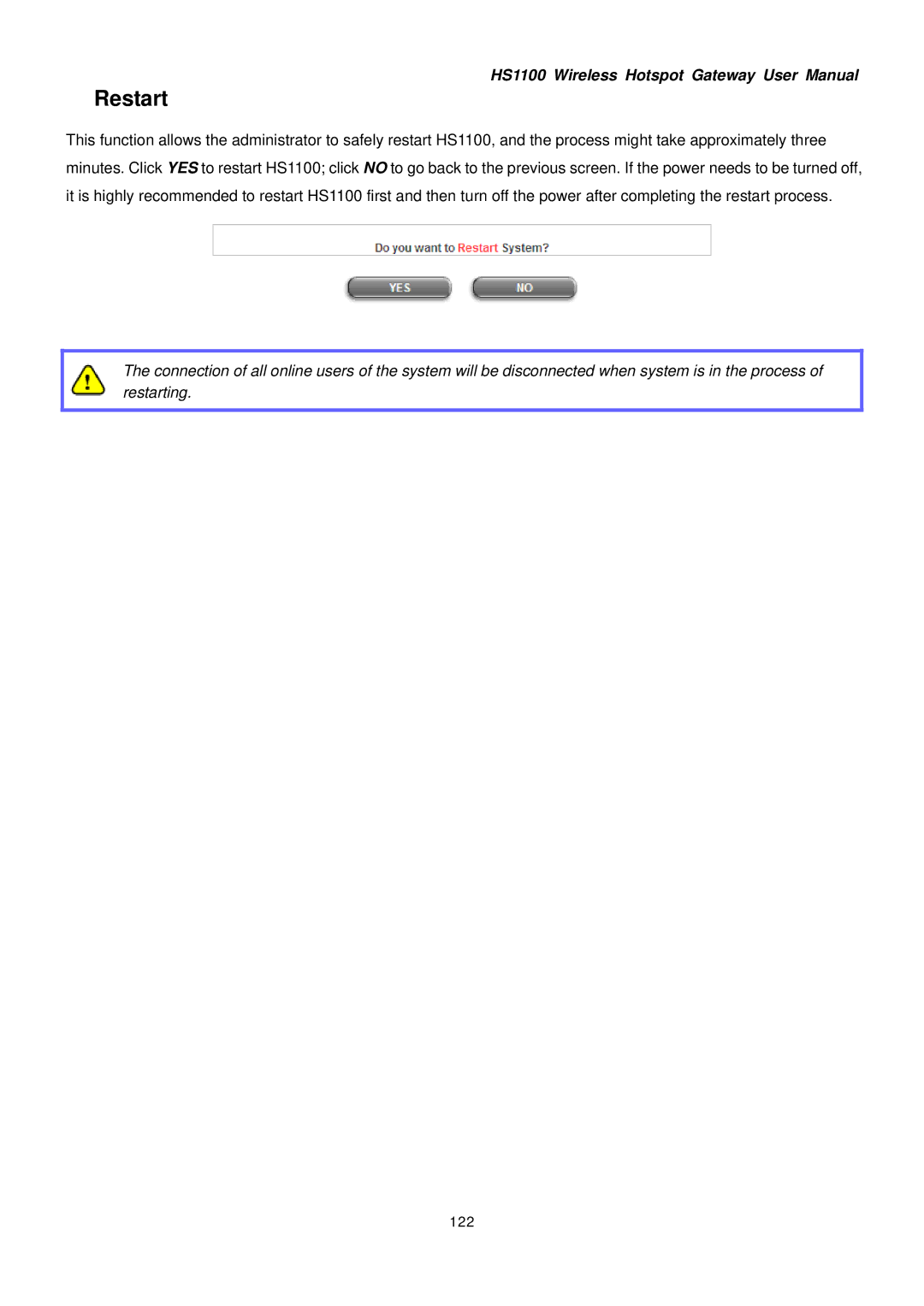 NetComm HS1100 manual Restart, 122 