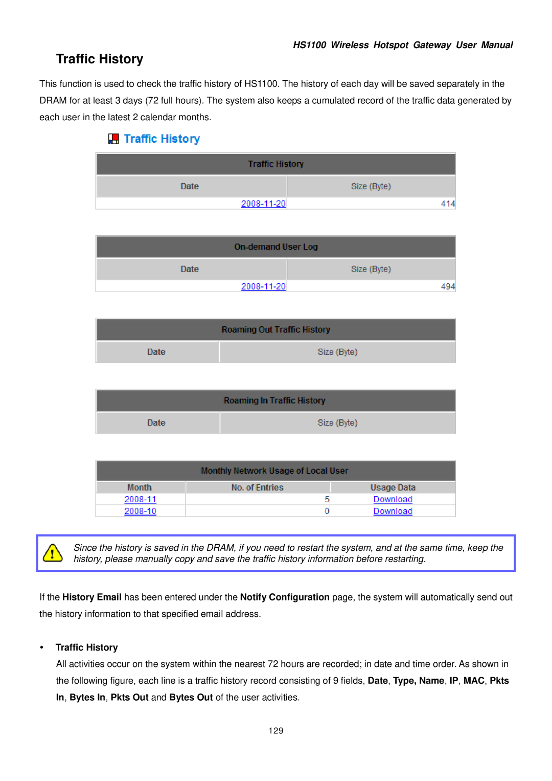 NetComm HS1100 manual Traffic History, 129 