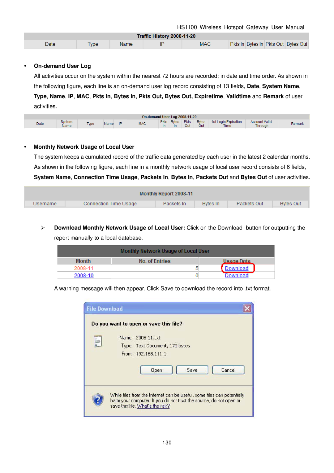 NetComm HS1100 manual On-demand User Log, Monthly Network Usage of Local User, 130 