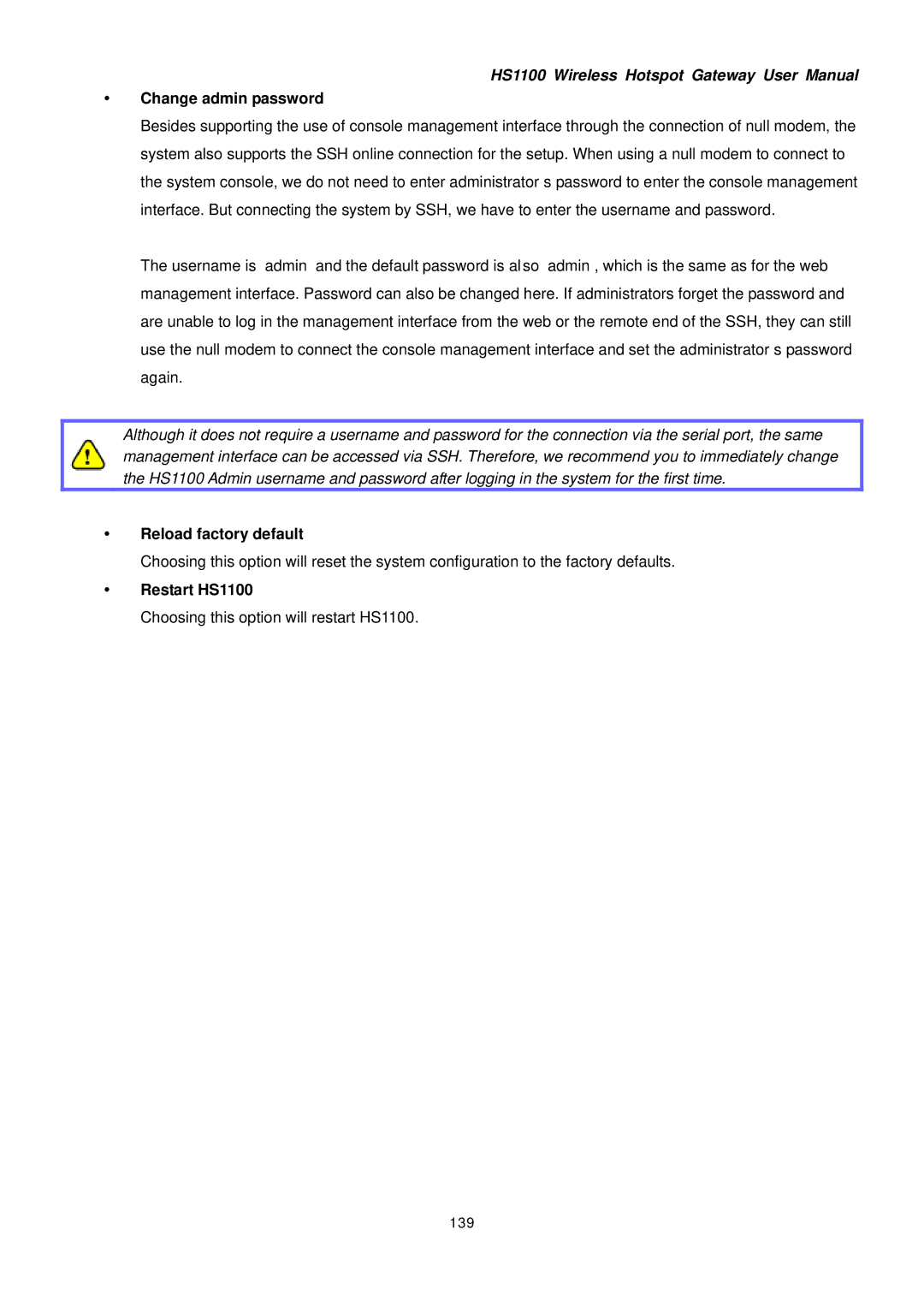 NetComm manual Change admin password, Reload factory default, Restart HS1100, 139 