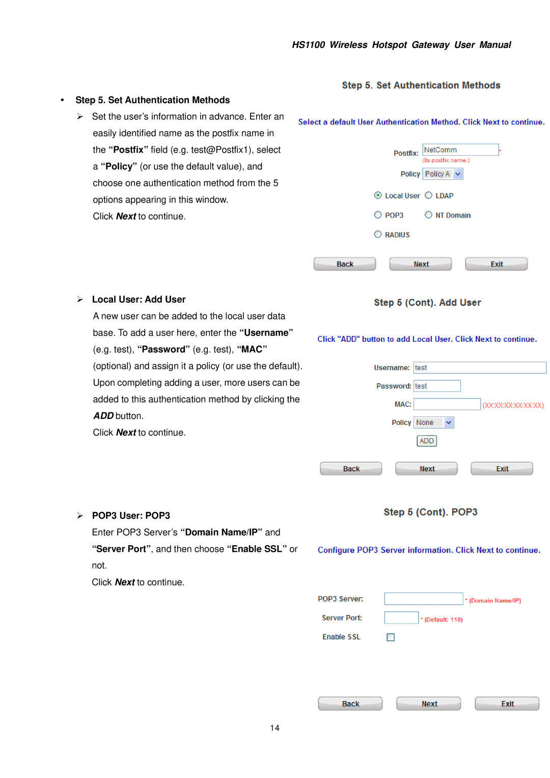 NetComm HS1100 manual ¾ Local User Add User, ¾ POP3 User POP3 