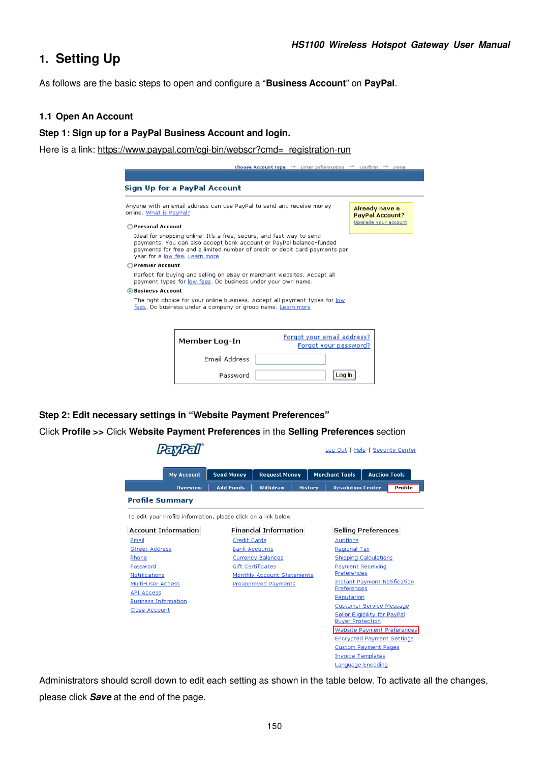 NetComm HS1100 manual Setting Up, 150 