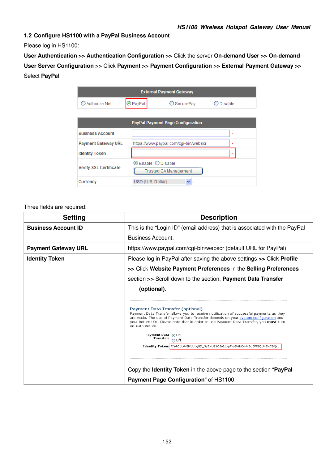 NetComm manual Business Account ID Payment Gateway URL Identity Token, Payment Page Configuration of HS1100, 152 