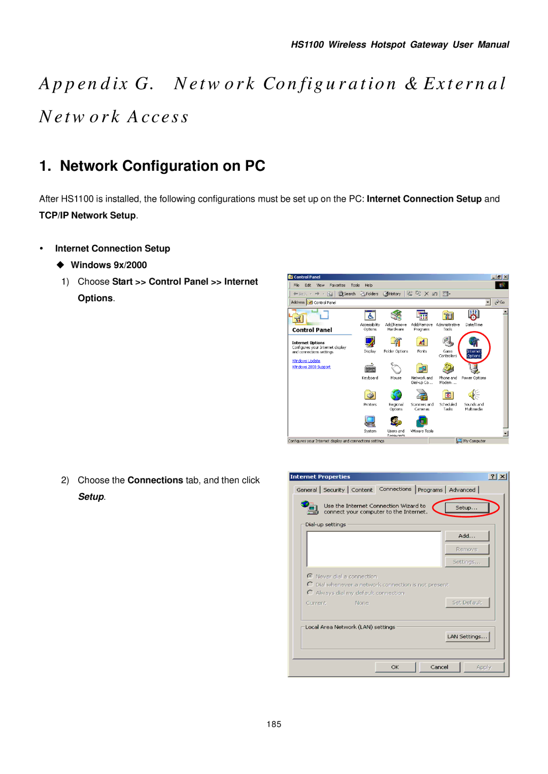 NetComm HS1100 manual Appendix G. Network Configuration & External Network Access, 185 