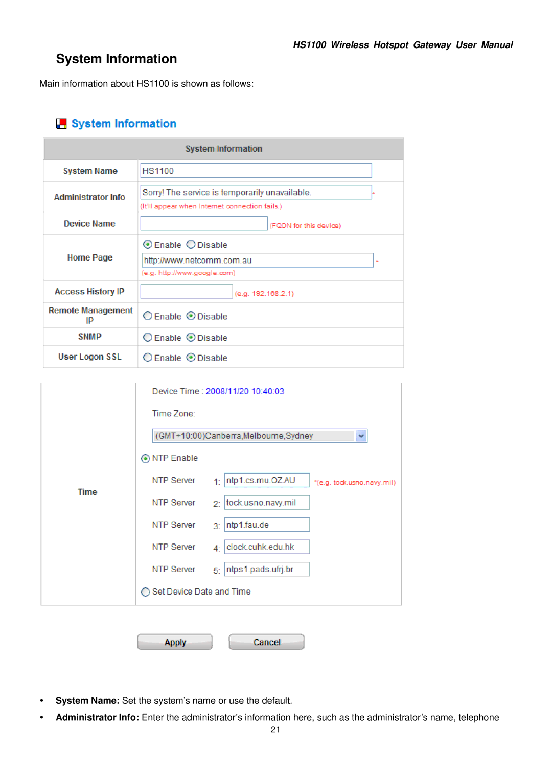 NetComm HS1100 manual System Information 