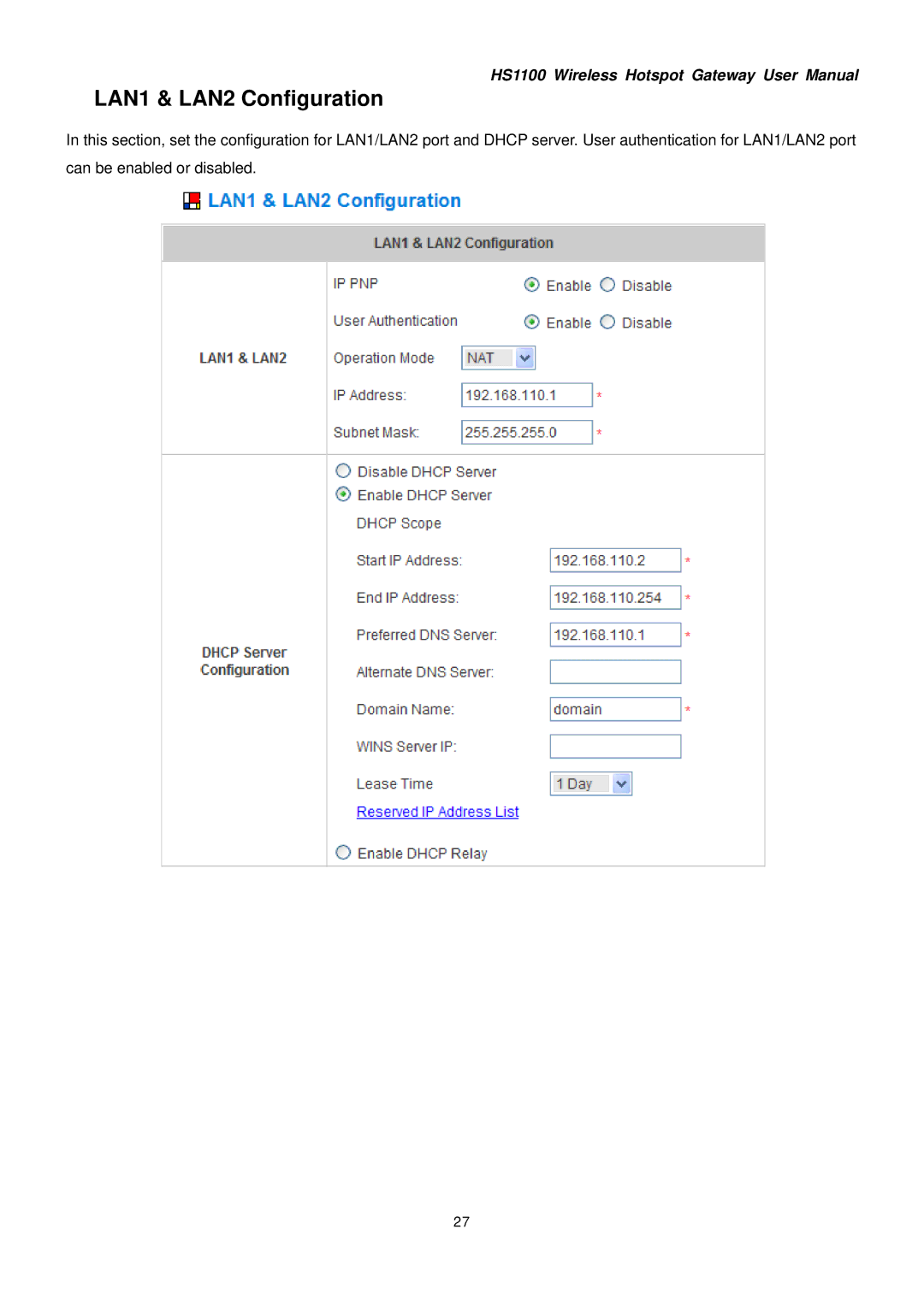 NetComm HS1100 manual LAN1 & LAN2 Configuration 