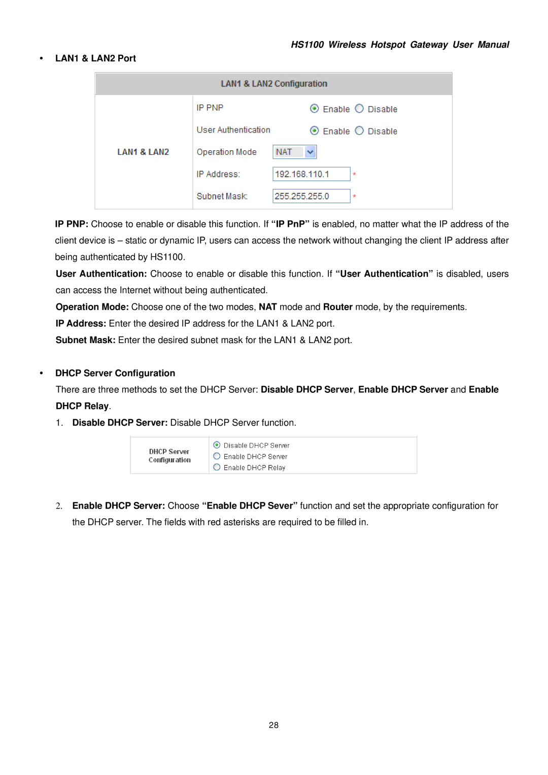 NetComm HS1100 manual LAN1 & LAN2 Port, Dhcp Server Configuration 