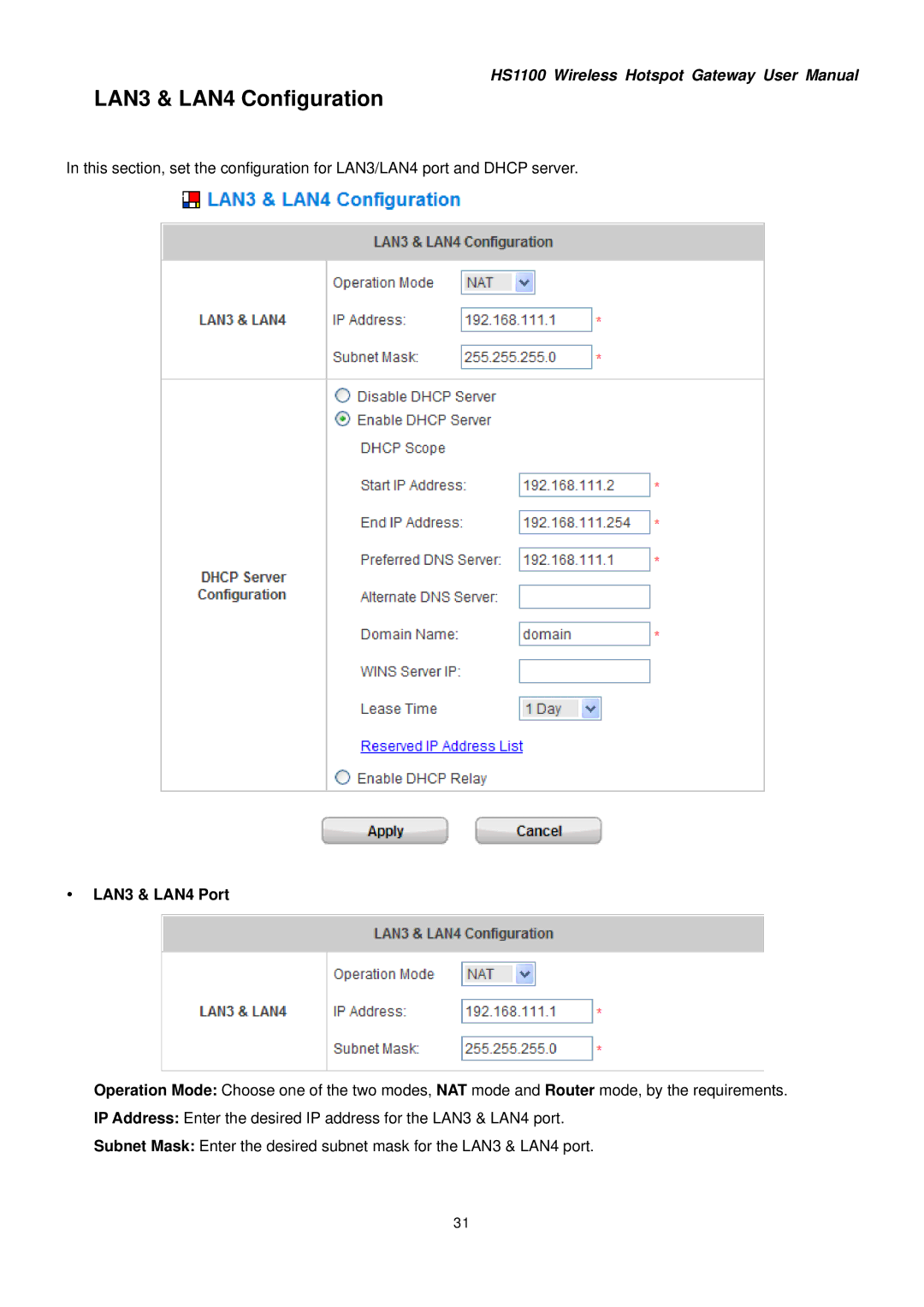 NetComm HS1100 manual LAN3 & LAN4 Configuration, LAN3 & LAN4 Port 