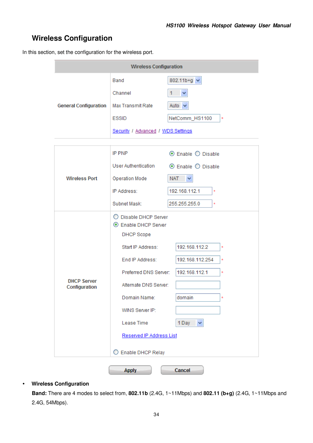 NetComm HS1100 manual Wireless Configuration 