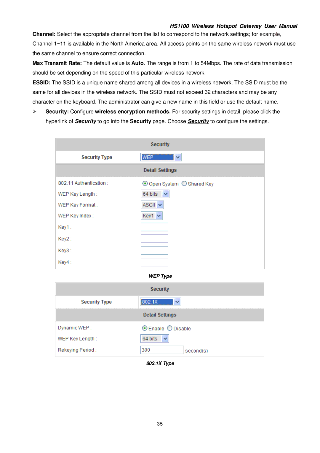 NetComm HS1100 manual WEP Type 802.1X Type 