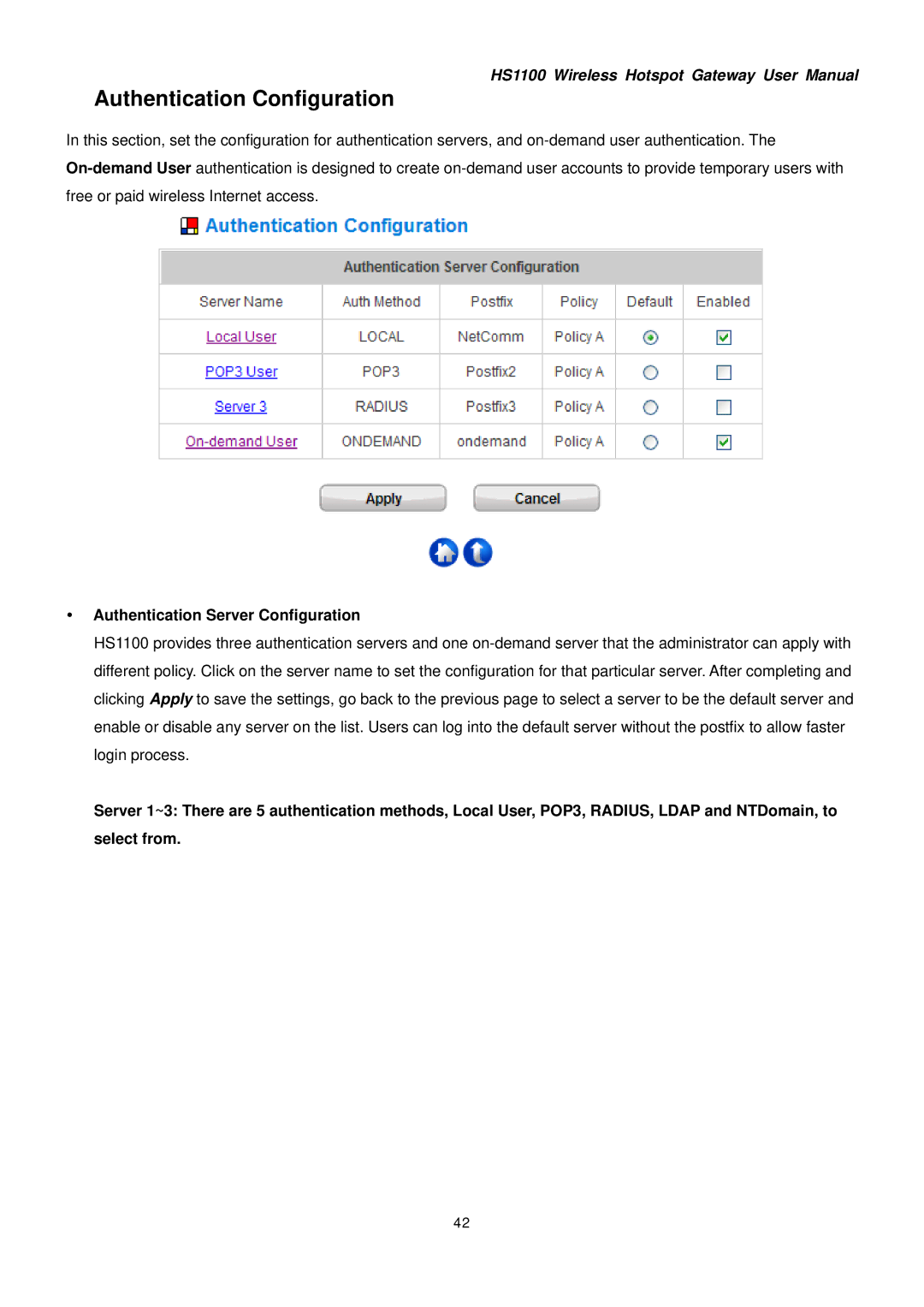 NetComm HS1100 manual Authentication Configuration, Authentication Server Configuration 