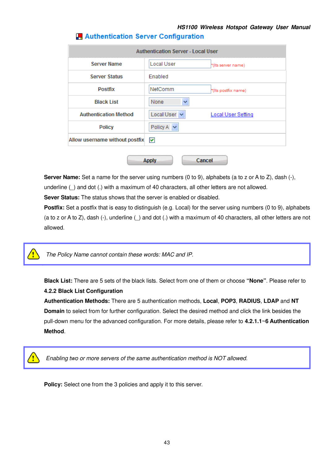 NetComm HS1100 manual Policy Name cannot contain these words MAC and IP 