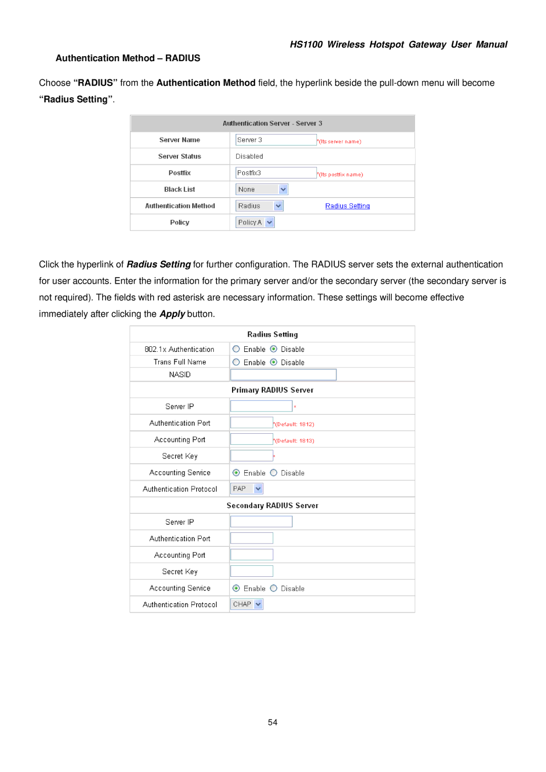 NetComm HS1100 manual Authentication Method Radius, Radius Setting 