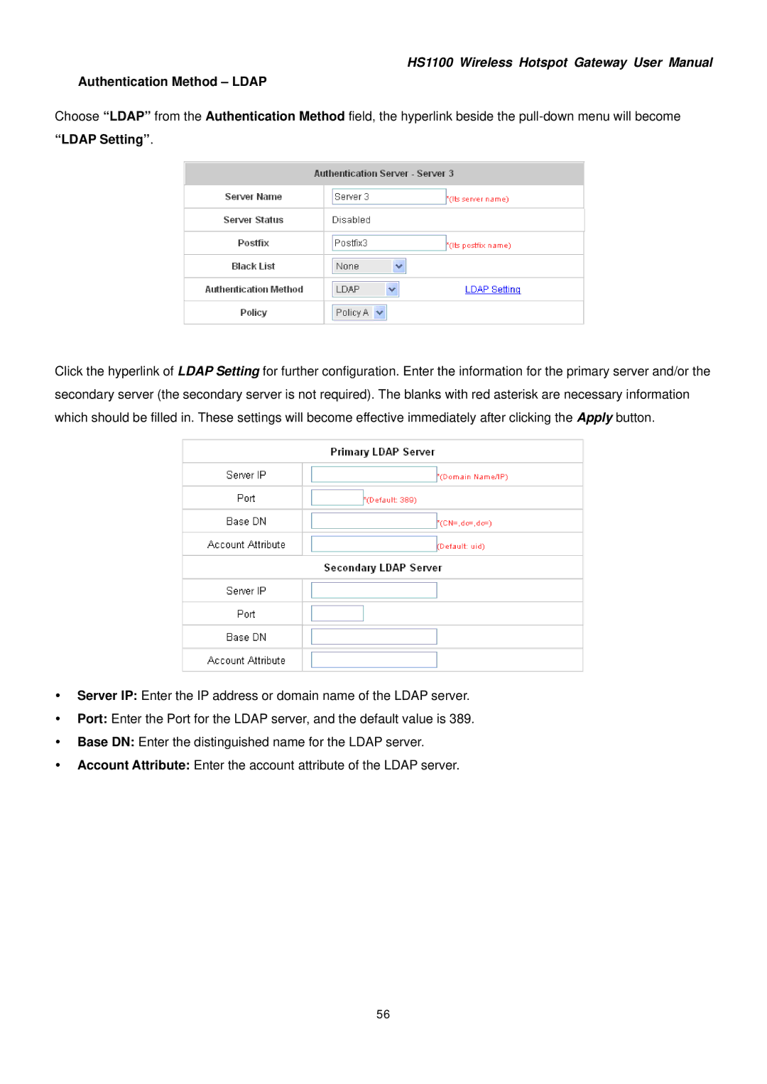 NetComm HS1100 manual Authentication Method Ldap 