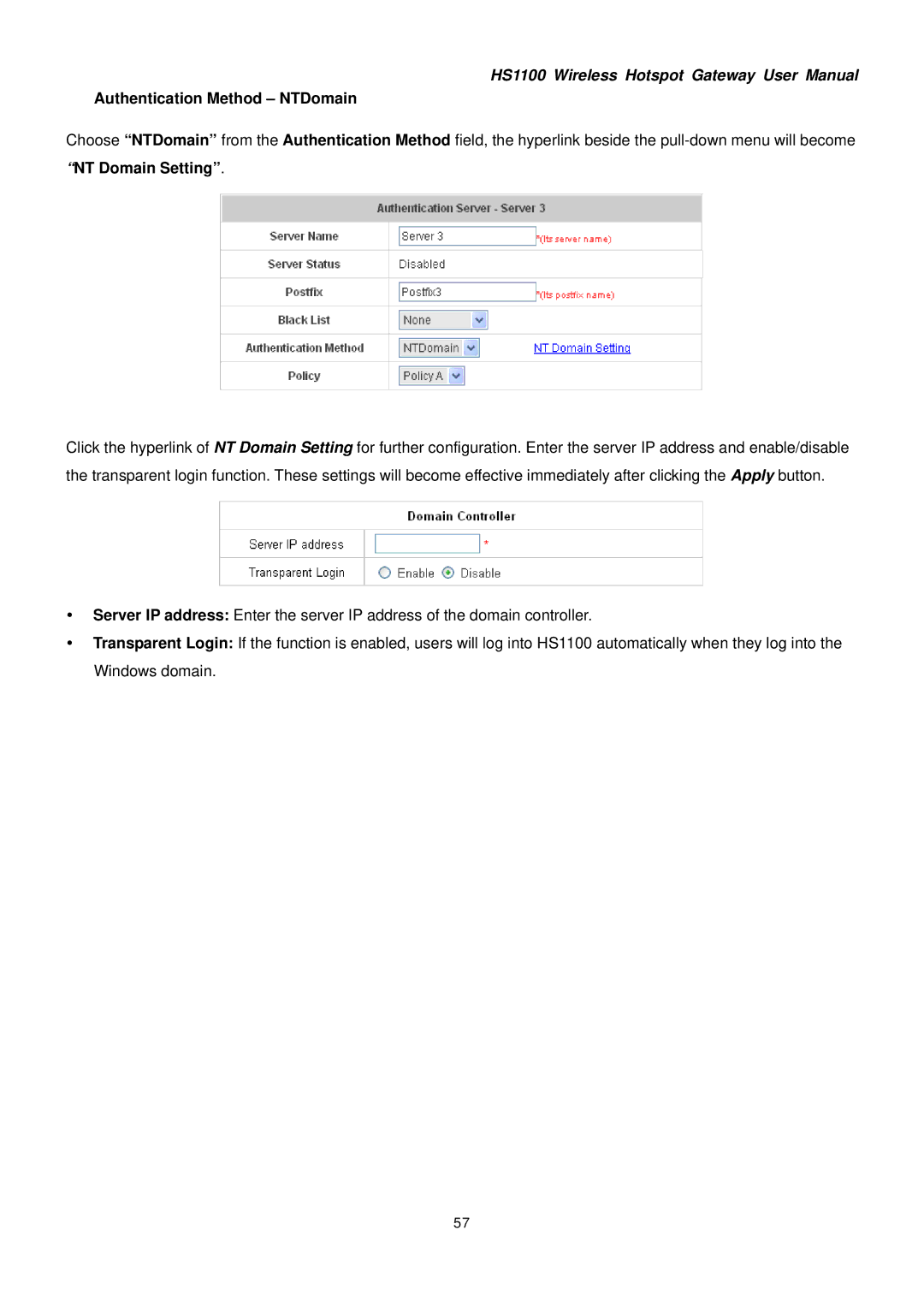 NetComm HS1100 manual Authentication Method NTDomain 