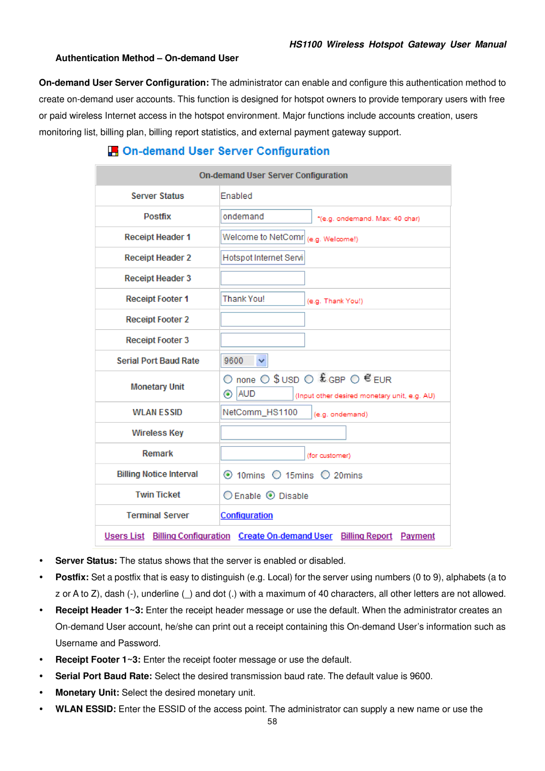 NetComm HS1100 manual Authentication Method On-demand User 