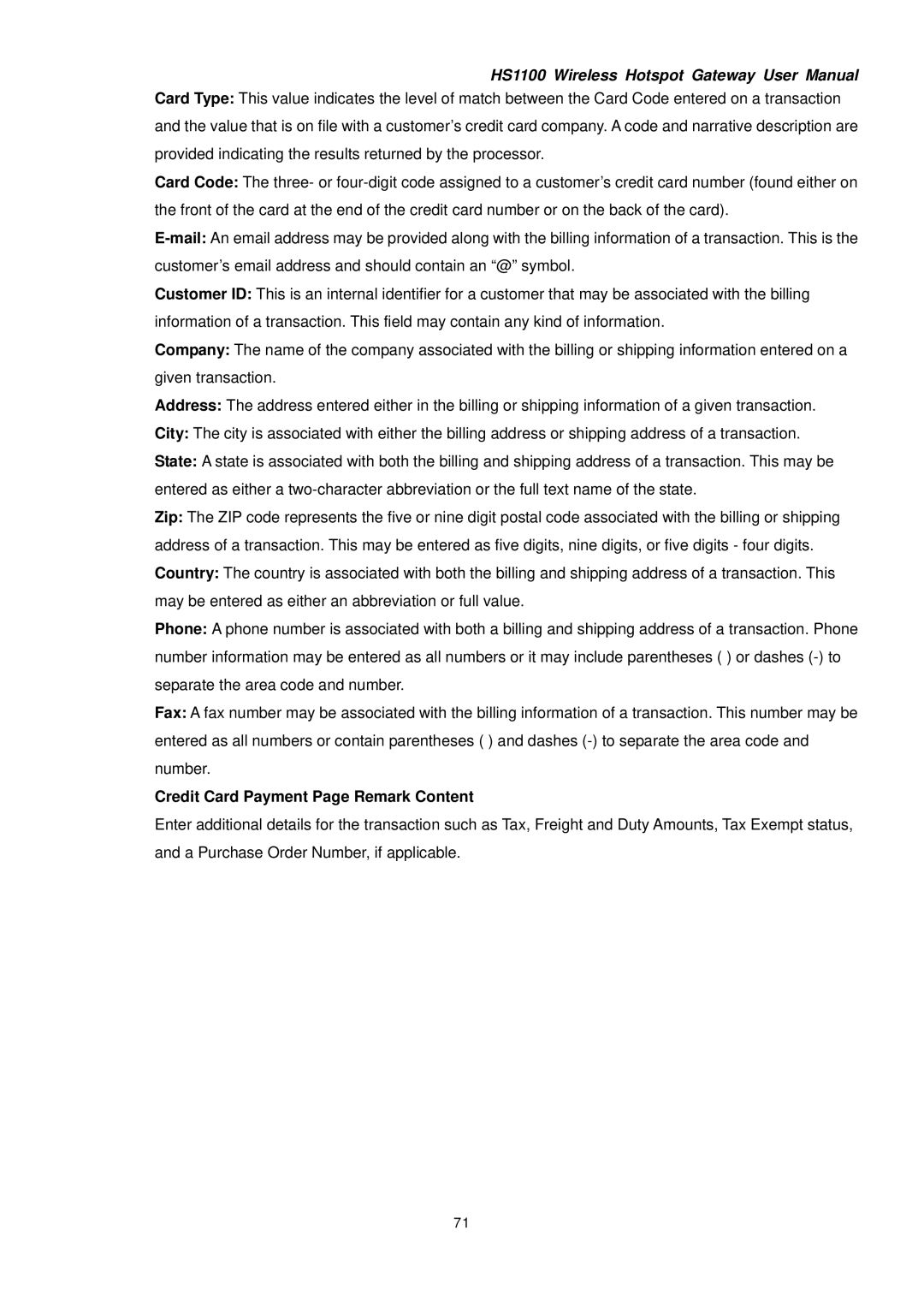 NetComm HS1100 manual Credit Card Payment Page Remark Content 