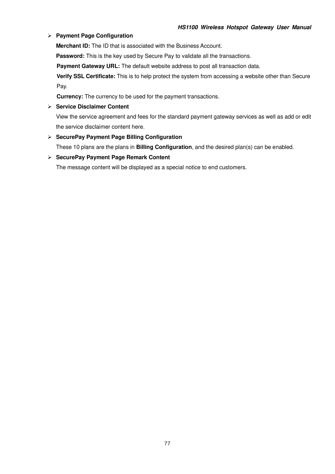 NetComm HS1100 ¾ Payment Page Configuration, ¾ Service Disclaimer Content, ¾ SecurePay Payment Page Billing Configuration 