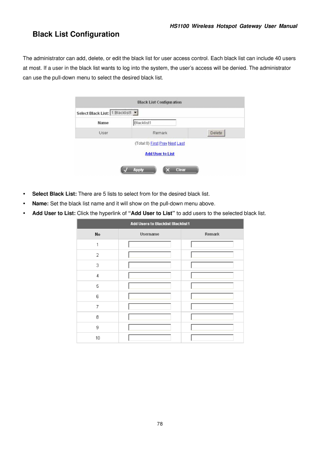 NetComm HS1100 manual Black List Configuration 