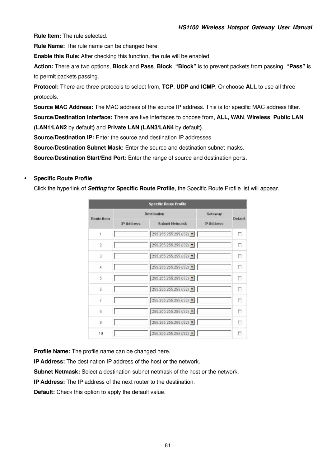 NetComm HS1100 manual Specific Route Profile 