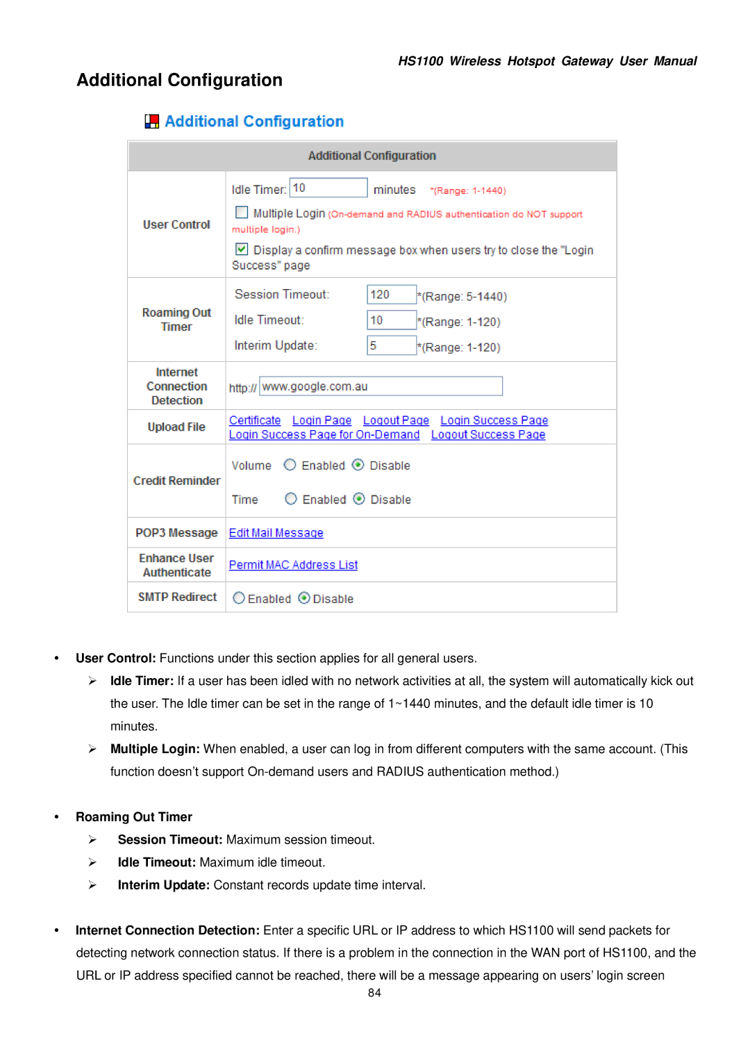 NetComm HS1100 manual Additional Configuration, Roaming Out Timer 