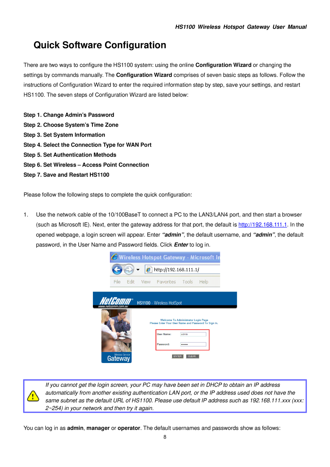 NetComm HS1100 manual Quick Software Configuration 