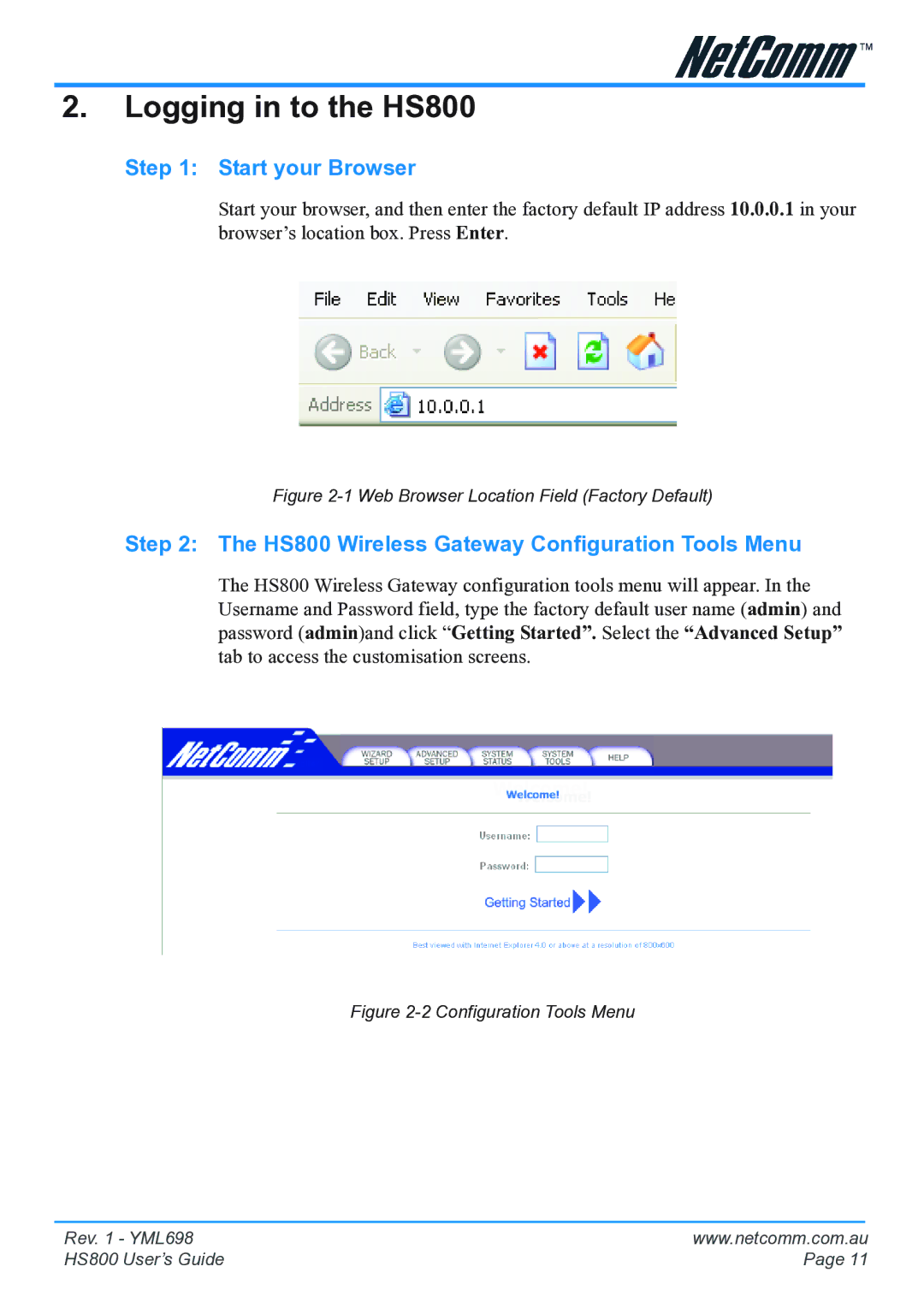 NetComm manual Logging in to the HS800, Start your Browser 