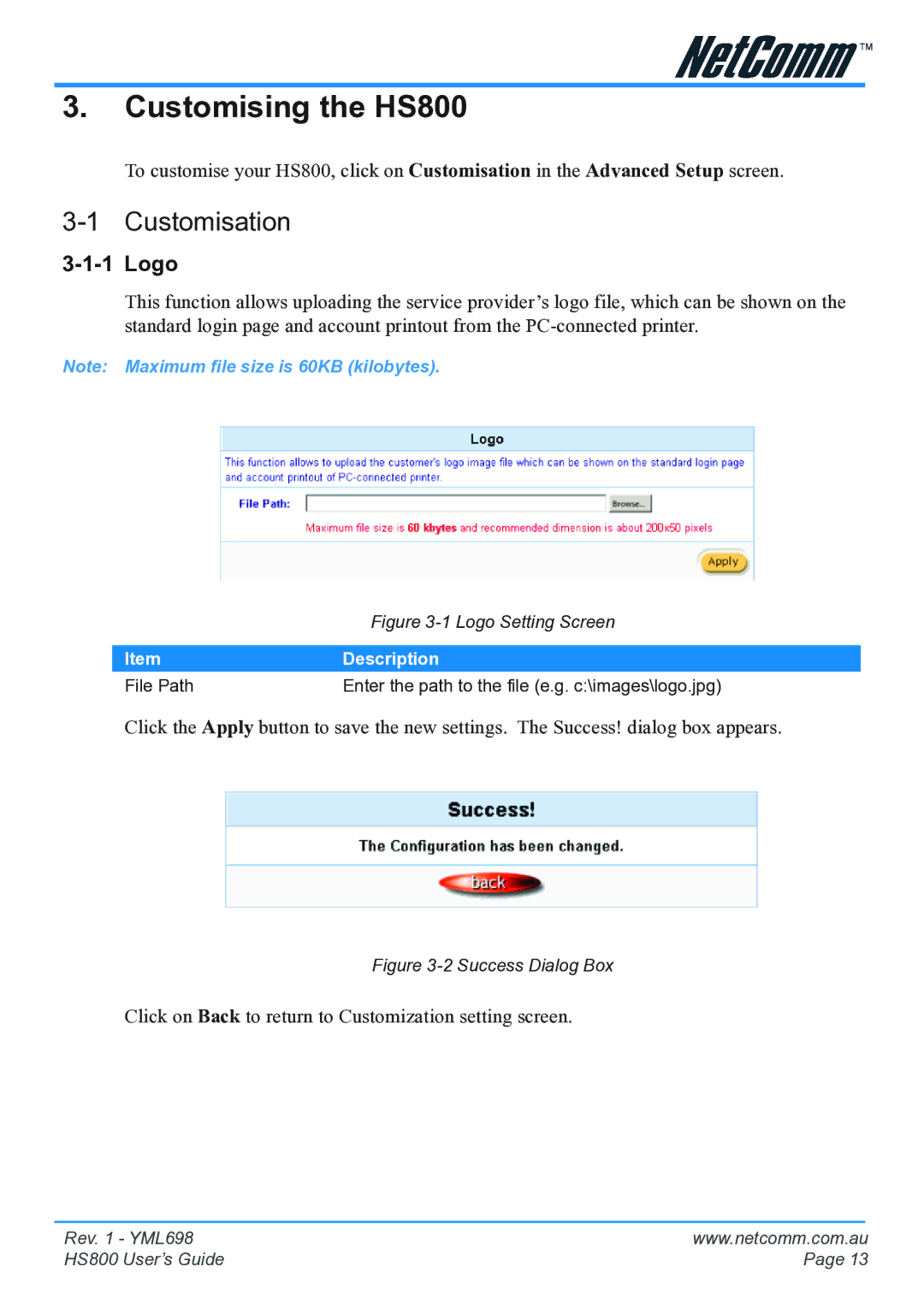 NetComm manual Customising the HS800, Customisation, Logo 