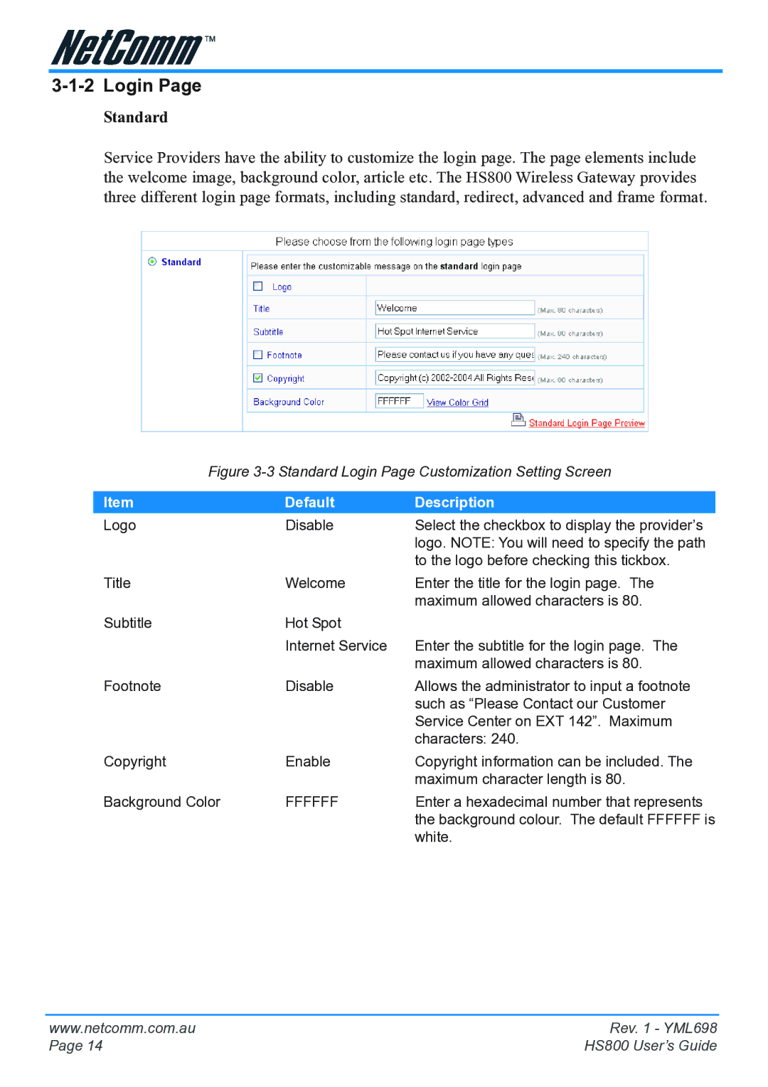 NetComm HS800 manual Login, Standard 