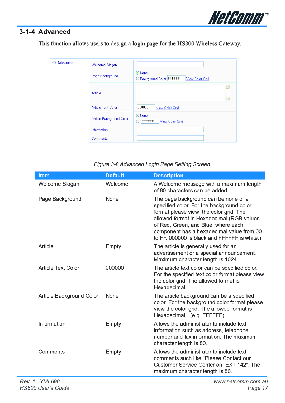 NetComm HS800 manual Advanced Login Page Setting Screen 