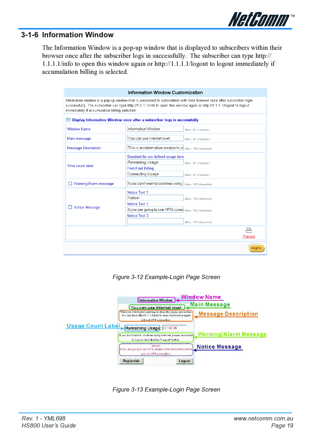 NetComm HS800 manual Information Window, Example-Login Page Screen 