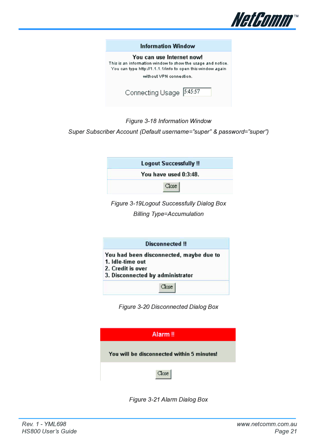 NetComm HS800 manual 19Logout Successfully Dialog Box Billing Type=Accumulation 