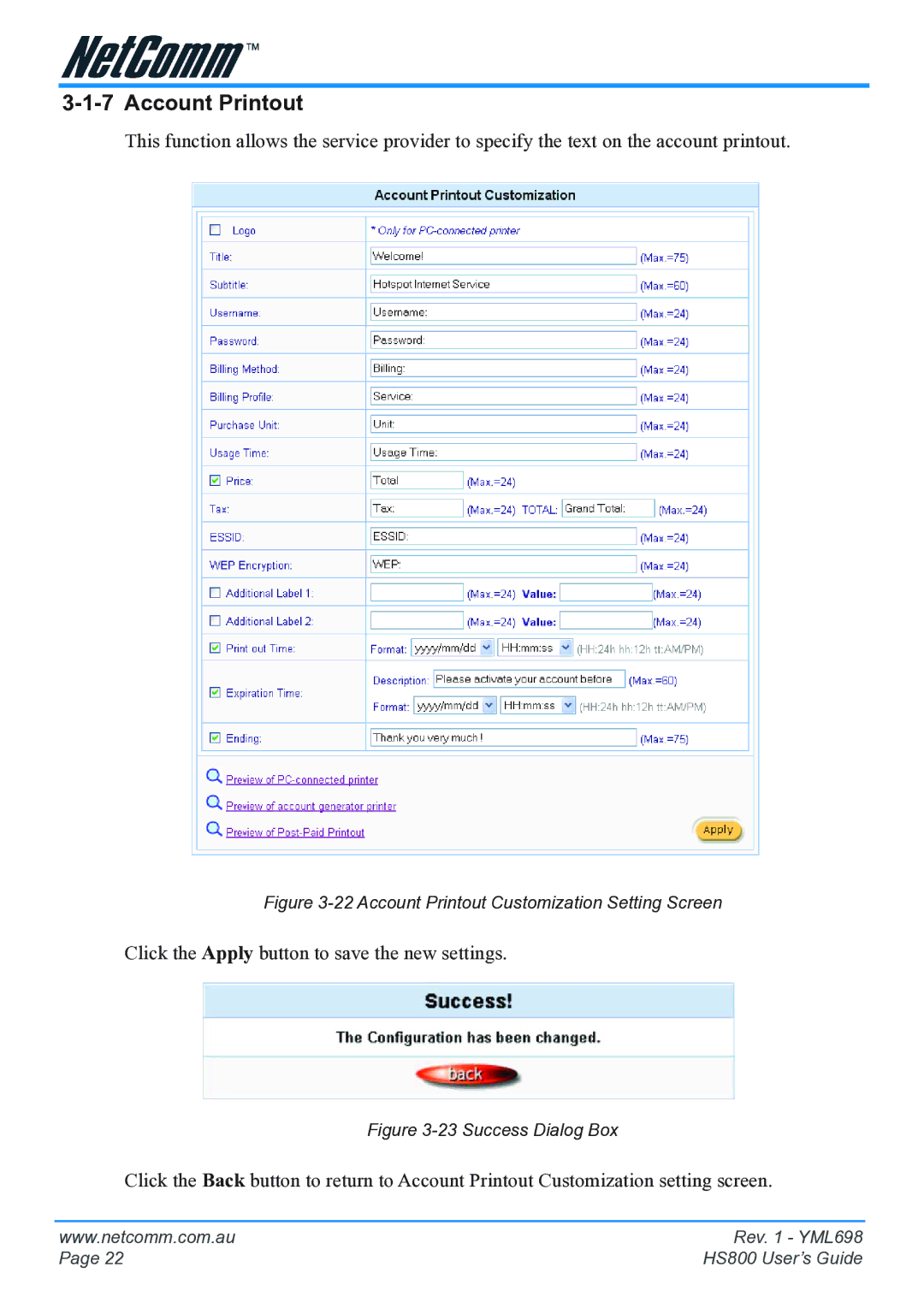 NetComm HS800 manual Account Printout Customization Setting Screen 