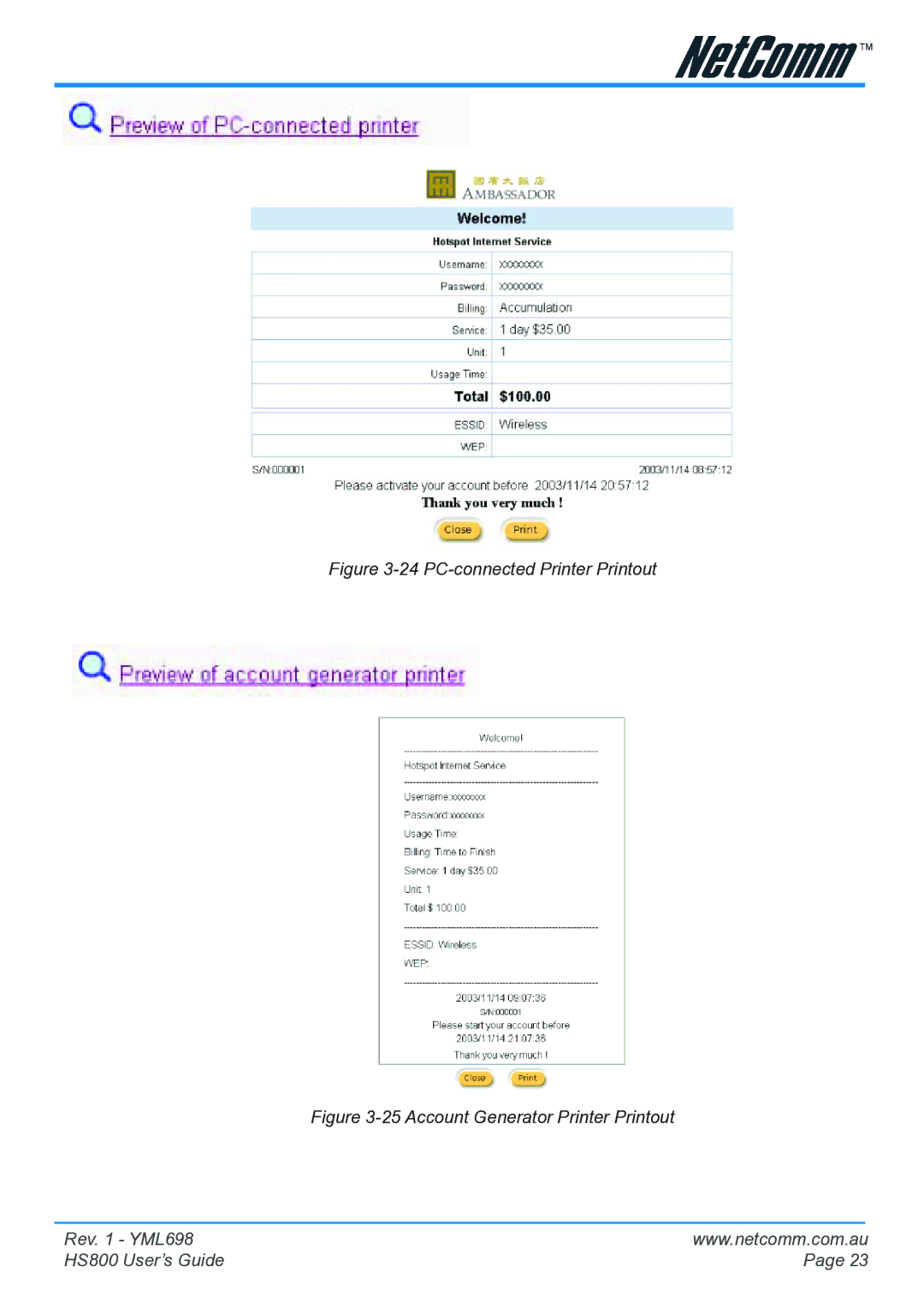 NetComm HS800 manual PC-connected Printer Printout 