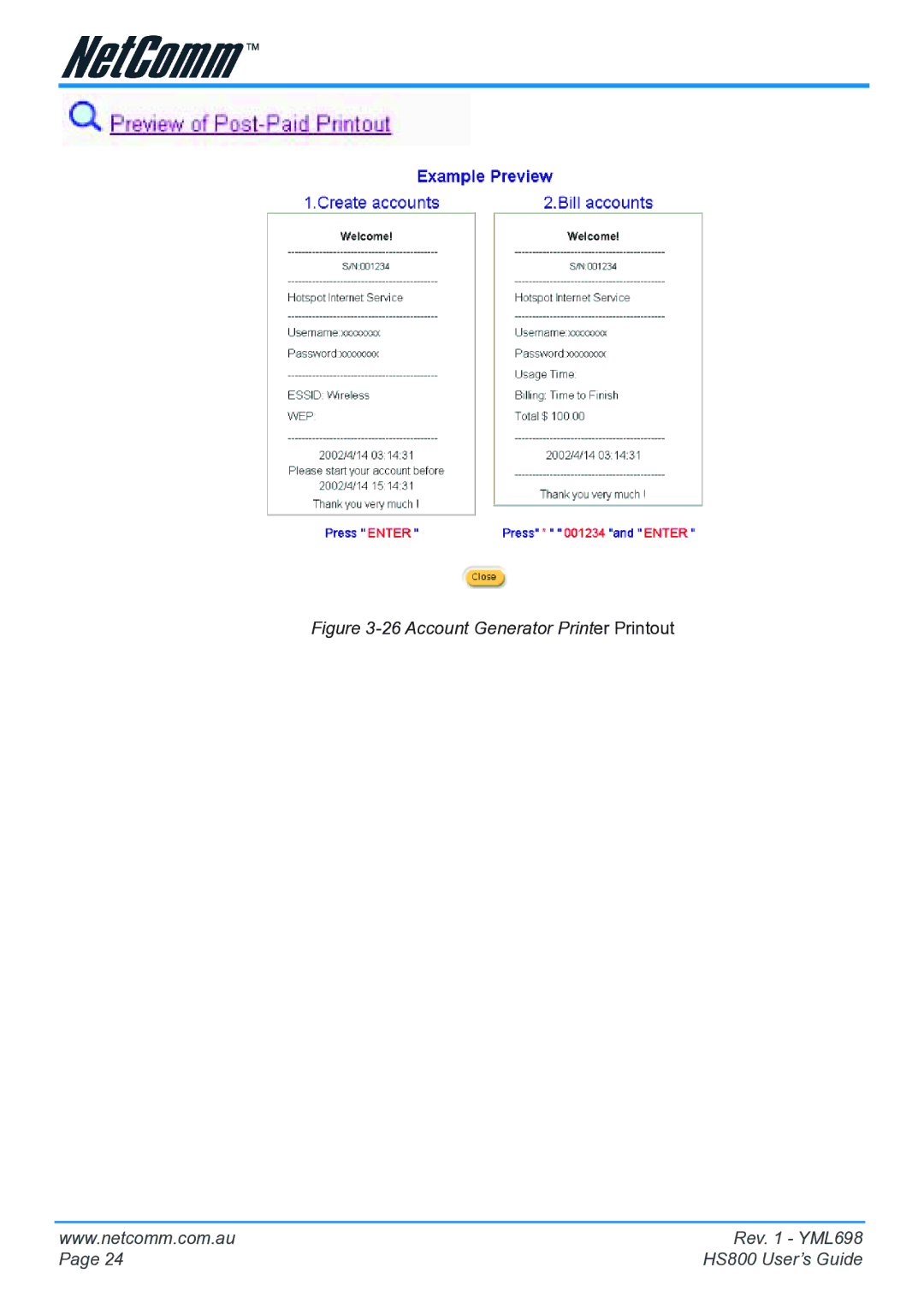 NetComm HS800 manual Account Generator Printer Printout 