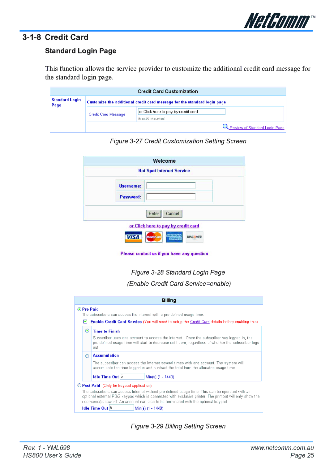 NetComm HS800 manual Credit Card, Standard Login 