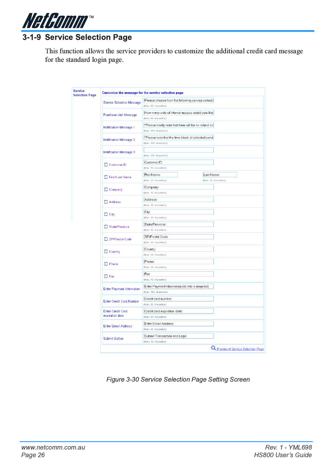NetComm HS800 manual Service Selection Page Setting Screen 
