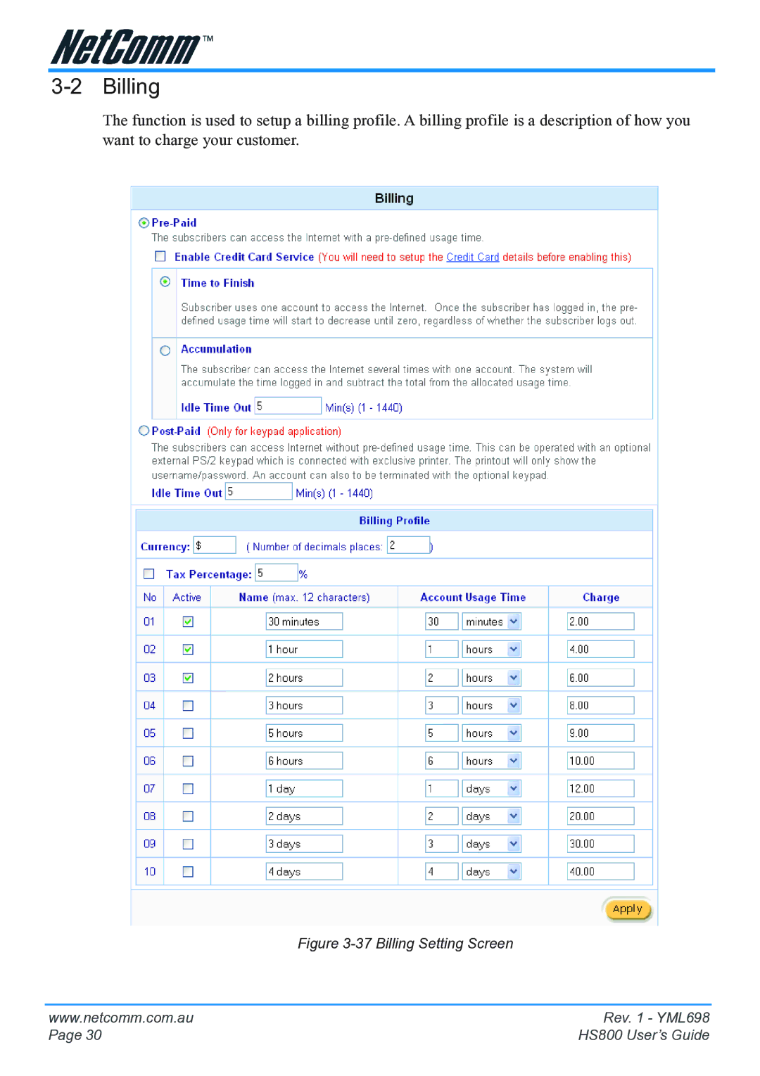 NetComm HS800 manual Billing Setting Screen 