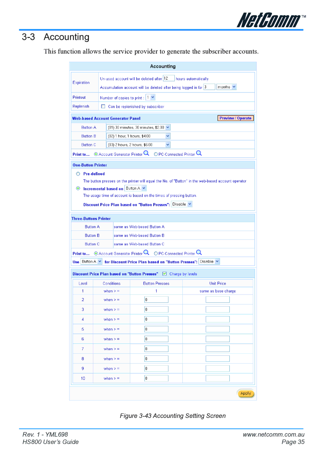 NetComm HS800 manual Accounting Setting Screen 